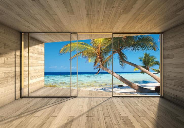 Strand 3D palmbomen fotobehang, Div. afm. * Fotobehang4you, Huis en Inrichting, Stoffering | Behang, minder dan 10 m², Verzenden