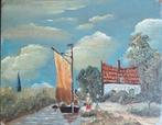 Riviergezicht met zeilboot, personen in klederdracht, Antiek en Kunst, Ophalen of Verzenden