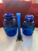 Blauwe Wekpotten & Vaasje - Vintage Set, Ophalen, Gebruikt, Blauw, Glas