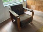 Houten teak/leren blokstoel, Ophalen, Gebruikt, Bruin, Leer