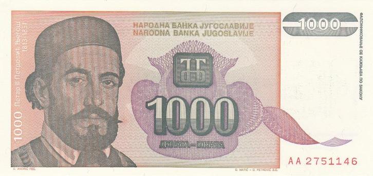 Joegoslavïe- 1000 Dinar 1994 UNC serie AA 2751146 - P140.a, Postzegels en Munten, Bankbiljetten | Europa | Niet-Eurobiljetten