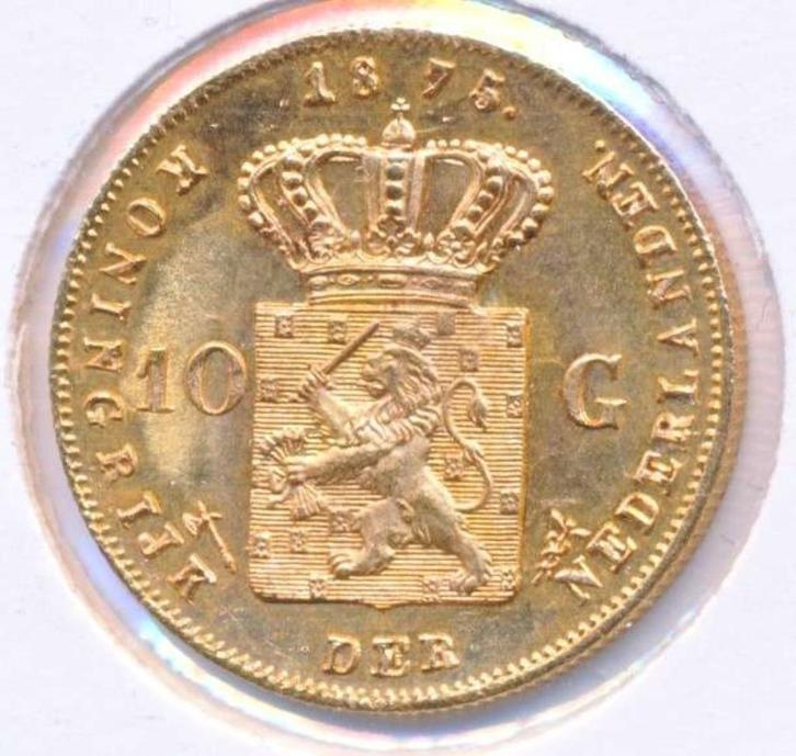 Nederland Gouden tientje 1875/1874 Overslag Willem 3, Postzegels en Munten, Edelmetalen en Baren, Goud, Ophalen of Verzenden