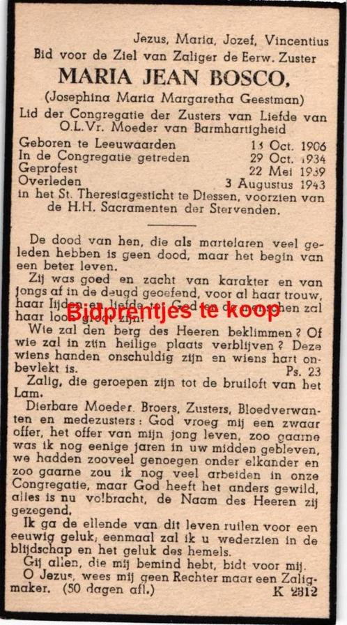 Geestman Josephina 1906 Leeuwarden 1943 Diessen zr Jean Bosc, Verzamelen, Bidprentjes en Rouwkaarten, Bidprentje, Ophalen of Verzenden