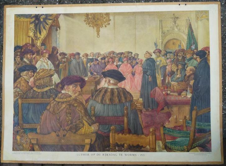 Oude schoolplaat met Luther op de Rijksdag in Worms 1521, Antiek en Kunst, Antiek | Schoolplaten, Geschiedenis, Ophalen of Verzenden