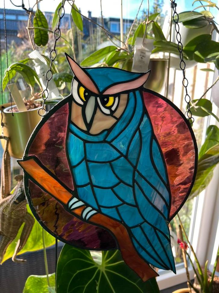 Vintage Groot Glas in Lood Raamhanger Uil Harry Potter 60’s, Antiek en Kunst, Antiek | Glas en Kristal, Ophalen of Verzenden