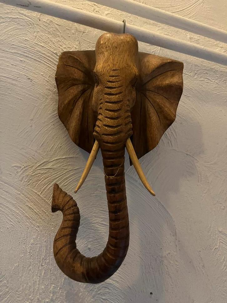 Houten wanddecoratie - olifantenkoppen, Huis en Inrichting, Woonaccessoires | Wanddecoraties, Zo goed als nieuw, Ophalen