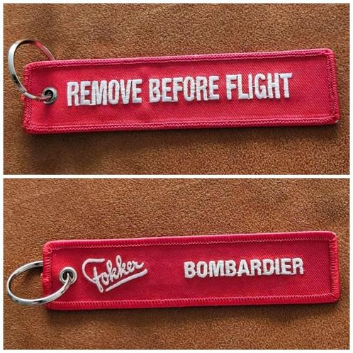 2x Fokker Bombardier vliegtuigen, Remove before flight 13 cm, Verzamelen, Luchtvaart en Vliegtuigspotten, Nieuw, Patch, Badge of Embleem