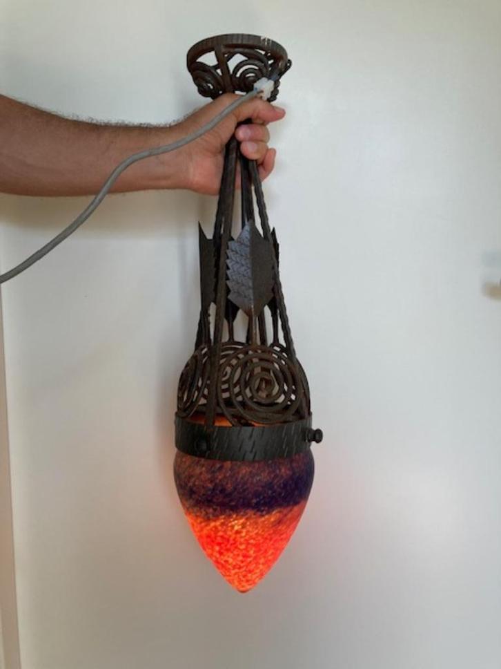 Hanglamp, Art Deco, glas/gietijzer, antiek, Huis en Inrichting, Lampen | Hanglampen, Gebruikt, 50 tot 75 cm, Glas, Metaal, Ophalen