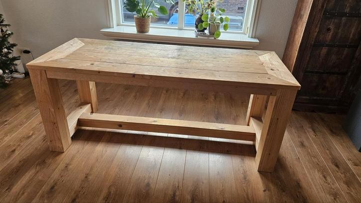 Steigerhouten kloostertafel met 6 krukjes, Huis en Inrichting, Tafels | Sidetables, Gebruikt, 25 tot 50 cm, Rechthoekig, Ophalen of Verzenden