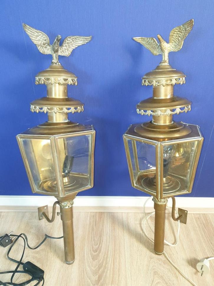Twee koperen koets lantaarns, hoogte 65 cm, Antiek en Kunst, Antiek | Lampen, Ophalen of Verzenden