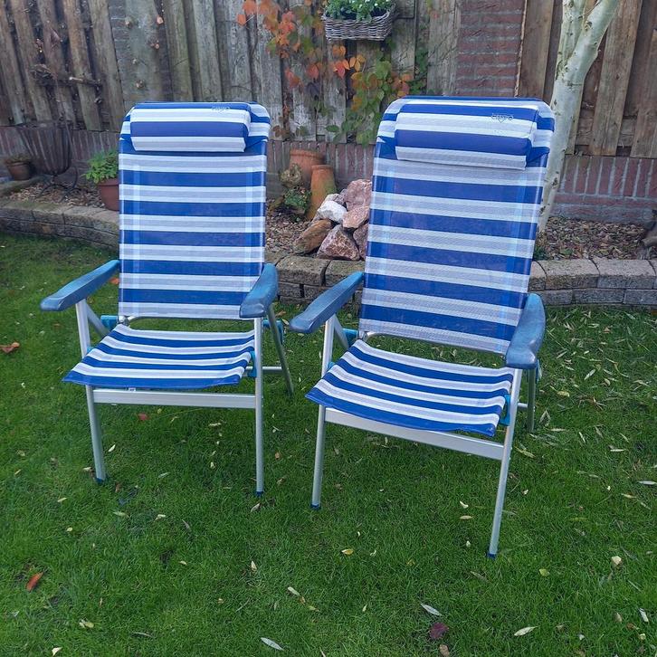 2 Crespo Relax Campingstoelen met Hoofdkussens, Tuin en Terras, Tuinstoelen, Zo goed als nieuw, Aluminium, Inklapbaar, Stapelbaar