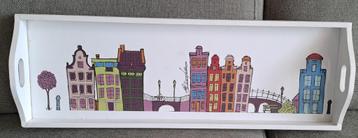 Mooi lang houten dienblad met herenhuizen uit Amsterdam beschikbaar voor biedingen