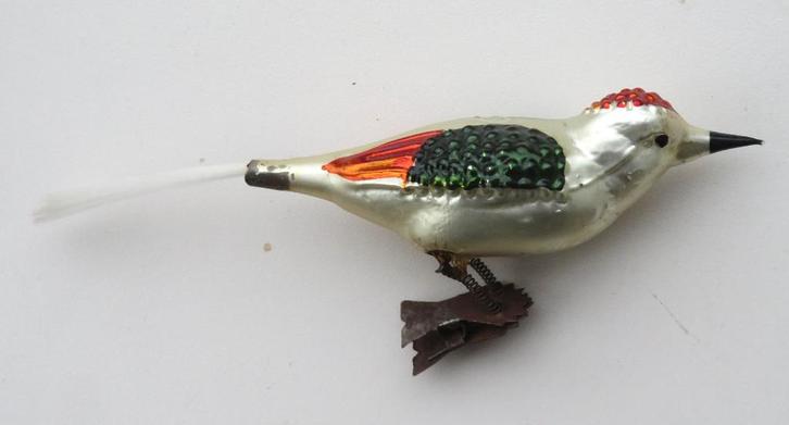 Oude Kerstbal Vogel op knijper dubbele poot, oranje en groen, Diversen, Kerst, Ophalen of Verzenden