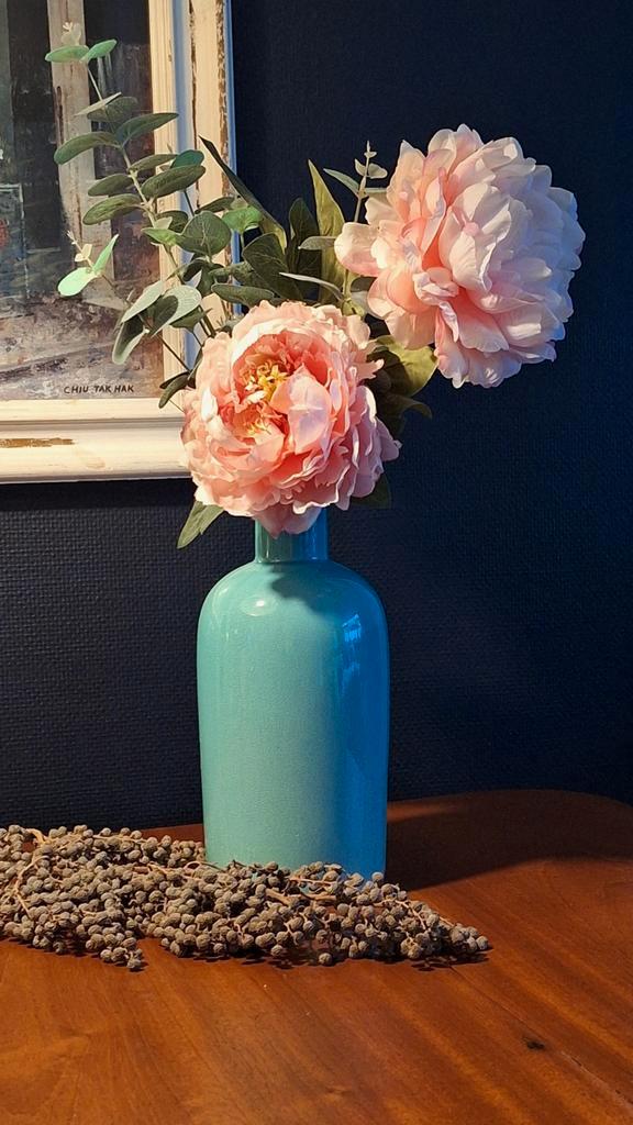 Turquoise vaas met gratis kunstbloemen. Fles. Zgan. Brocante, Huis en Inrichting, Woonaccessoires | Vazen, Zo goed als nieuw, Overige kleuren