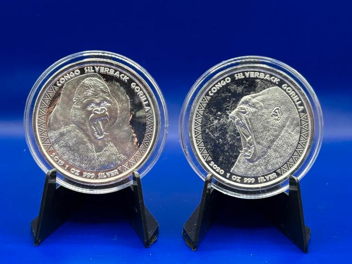 2x 1oz zilver silverback gorilla 2019 2020 - Scottsdale Mint, Postzegels en Munten, Edelmetalen en Baren, Zilver, Verzenden