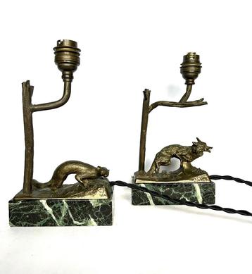 oude vintage set lampjes brons marmer marter en vos