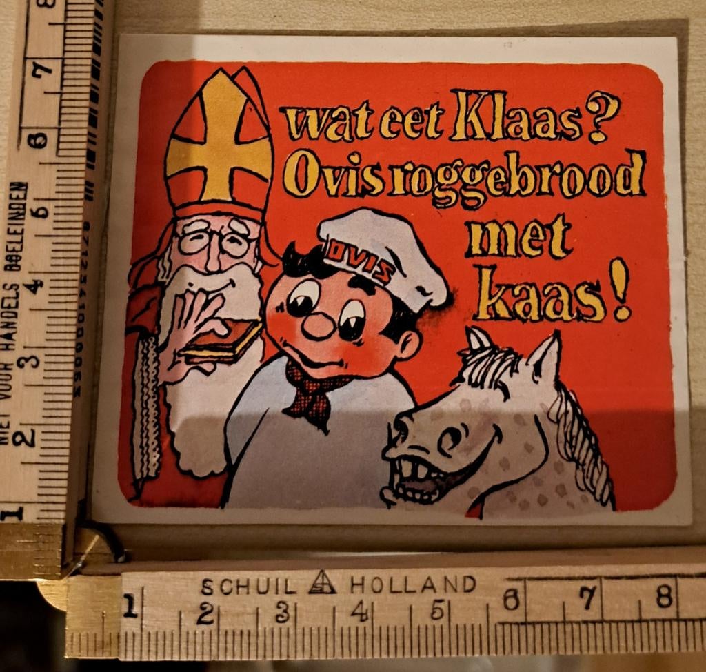 Vintage sticker sinterklaas wat eet Klaas Ovis roggebrood, Ophalen of Verzenden, Nieuw