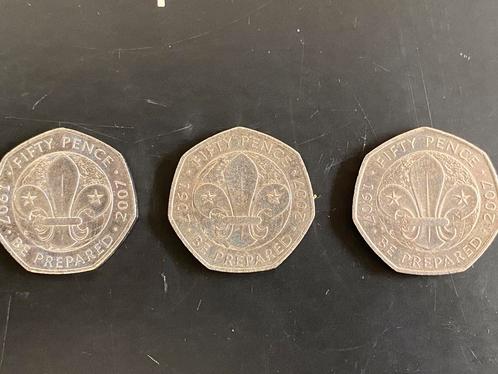 1907 - 2007. Scouting 100 jaar. 3 X 50 pence. Be Prepared., Verzamelen, Scouting, Zo goed als nieuw, Overige typen, Ophalen of Verzenden