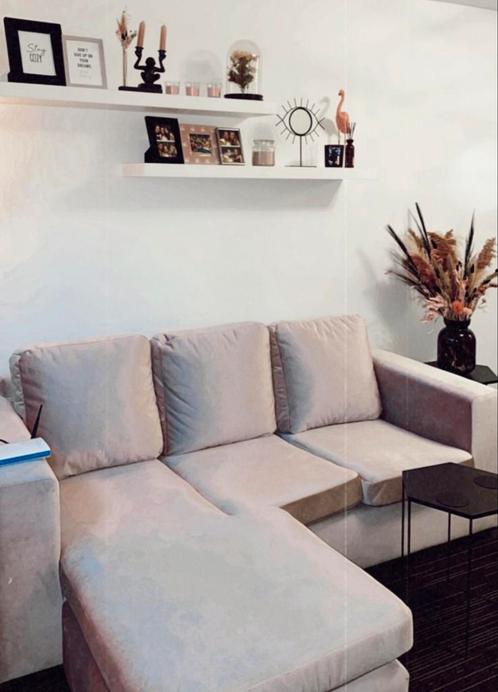 Hoekbank velvet roze- kleine drie zits bank, Huis en Inrichting, Banken | Sofa's en Chaises Longues, Zo goed als nieuw, Driepersoons
