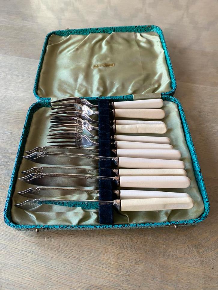 Antiek Engels verzilverd (EPNS) visbestek, 6 couverts, Antiek en Kunst, Antiek | Bestek, Ophalen of Verzenden