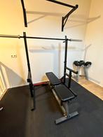 Complete gym voor thuis o.a. met gewichten, bar en rack, Sport en Fitness, Gebruikt, Fitnessbank, Ophalen
