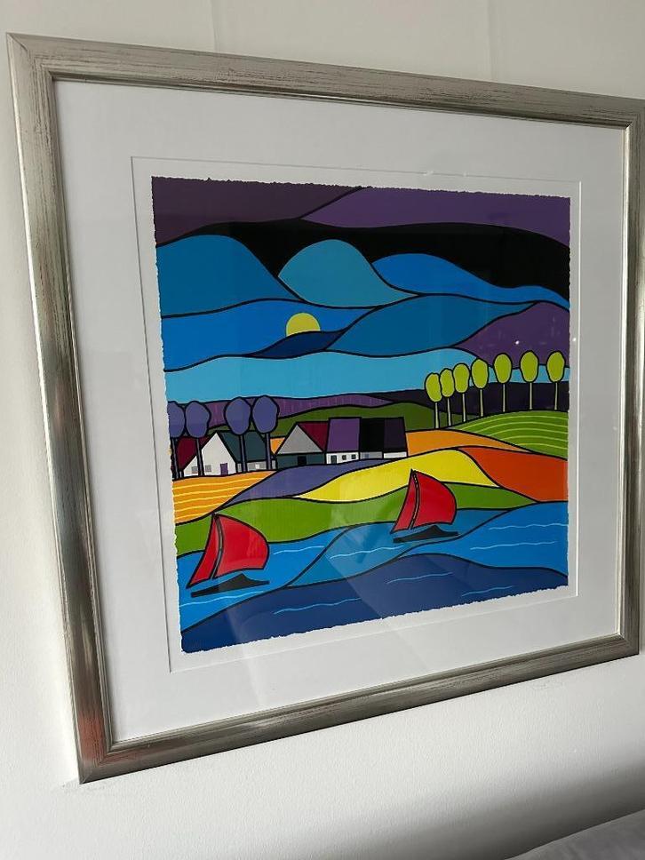 Kees Kooy, ingelijste zeefdruk met zeilschepen, Antiek en Kunst, Kunst | Litho's en Zeefdrukken, Ophalen