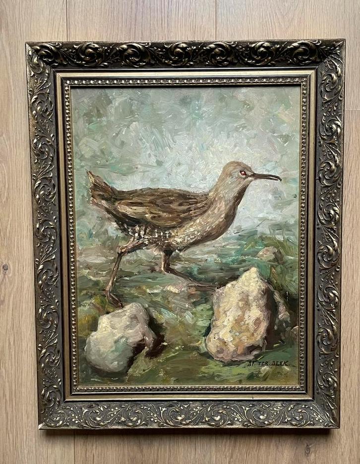 Schilderij waterral gesigneerd goudkleurige lijst, Antiek en Kunst, Kunst | Schilderijen | Klassiek, Ophalen of Verzenden