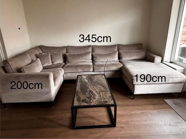 Luxe hoekbank (U-vorm) in taupe velvet, Huis en Inrichting, Banken | Complete zithoeken, Zo goed als nieuw, Ophalen of Verzenden