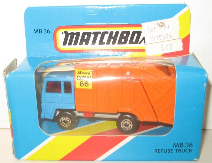 Matchbox 36G-4 Vuilniswagen blauw-oranje, Hobby en Vrije tijd, Modelauto's | Overige schalen, Zo goed als nieuw, Bus of Vrachtwagen