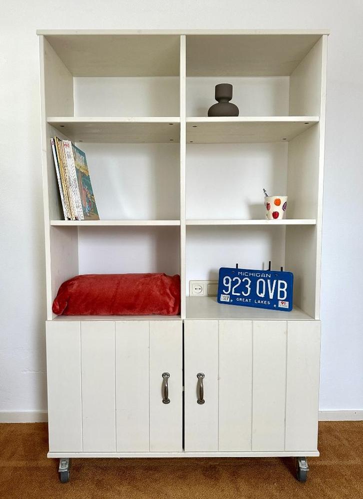 Roomdivider stevig vakkenkast hout wielen kast wit kamer igs, Huis en Inrichting, Kasten | Boekenkasten, Gebruikt, 100 tot 150 cm