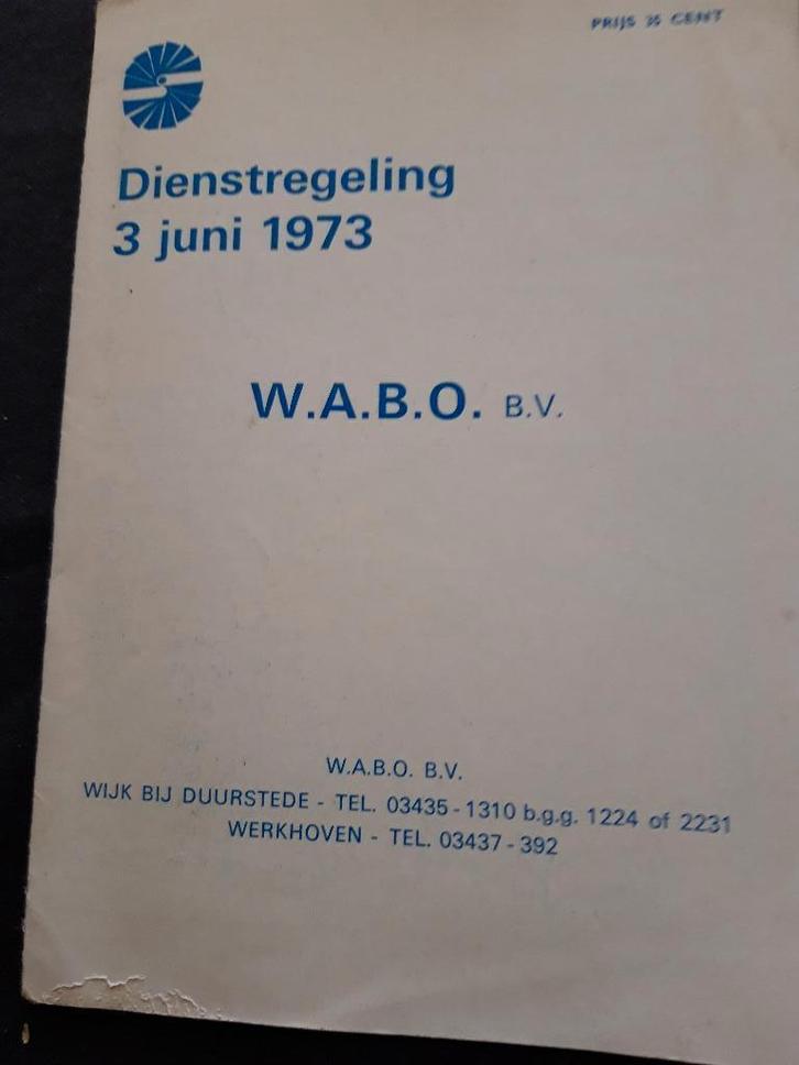 W.A.B.O. WABO busdiensten - dienstregeling 3 juni 1973, Verzamelen, Spoorwegen en Tramwegen, Gebruikt, Bus of Metro, Boek of Tijdschrift