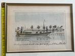 oude antieke ets gravure trekschuit schip boot maaskamp, Ophalen of Verzenden