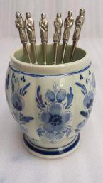 6 Verzilverde Apostel-Lepeltjes met Delfts Blauw Lepelvaasje, Ophalen of Verzenden, Gebruikt, Overige typen, Christendom | Katholiek