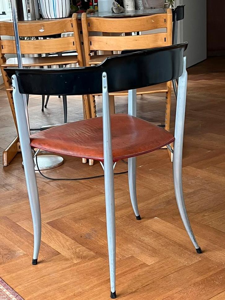 Design eetkamer stoelen, Huis en Inrichting, Stoelen, Gebruikt, Vier, Hout, Leer, Metaal, Overige kleuren, Ophalen