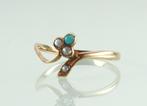 Gouden ring klavertje met turkoois en zaadparels, Ophalen of Verzenden, Goud, Ring, Met edelsteen
