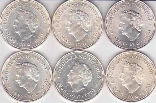 TIEN GULDEN MUNTEN 1970 ZES STUKS ZILVER, Postzegels en Munten, Munten | Nederland, 10 gulden, Koningin Juliana, Zilver, Verzenden