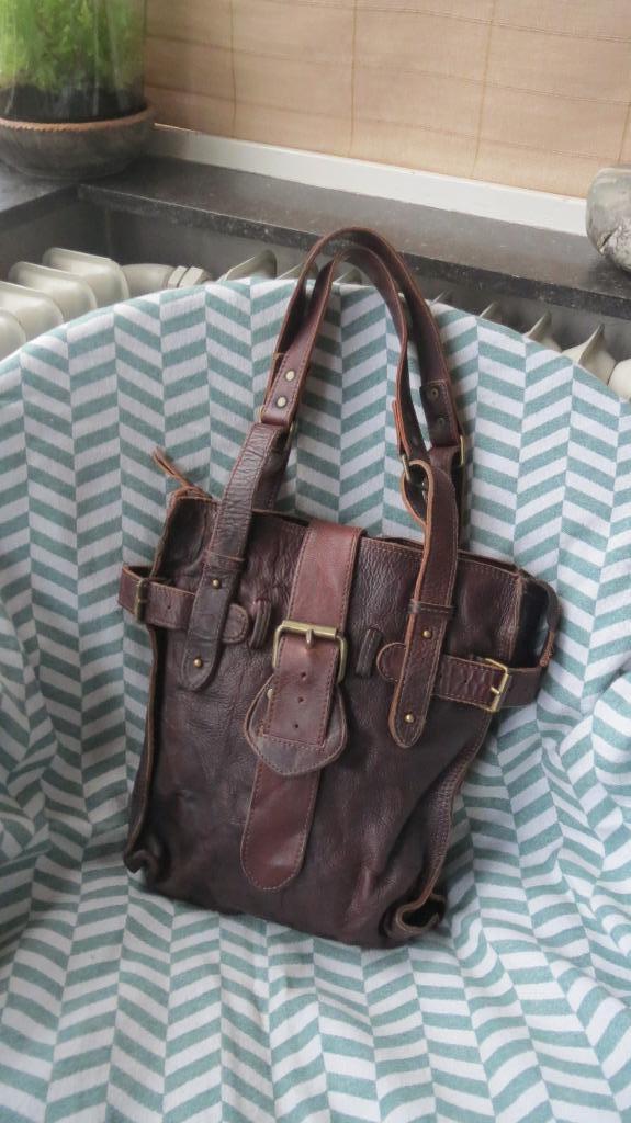 Cowboysbag, leren tas, dik leer, schouderhengsels, 30x28x9cm, Sieraden, Tassen en Uiterlijk, Tassen | Damestassen, Gebruikt, Shopper