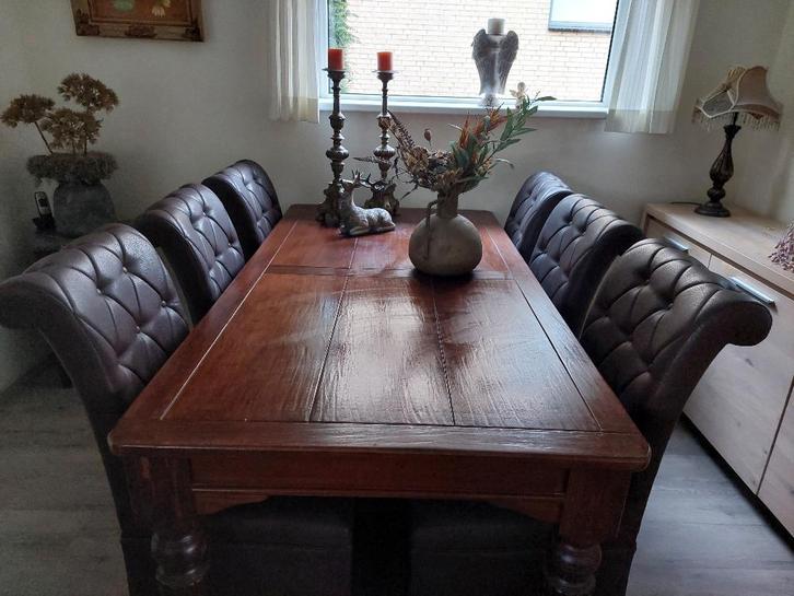 massieve tafel met 6 leren stoelen, Huis en Inrichting, Tafels | Eettafels, Zo goed als nieuw, 100 tot 150 cm, 200 cm of meer