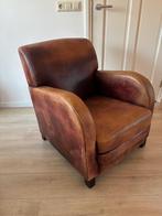 Lederen, cognac-kleurige fauteuil, Huis en Inrichting, Fauteuils, Ophalen, Gebruikt, Minder dan 75 cm, Leer