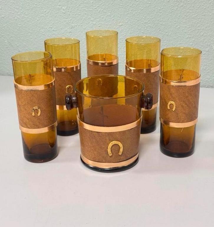 Antiek 1950 5 wisky glazen + ijsemmer amber leder hoefijzer, Antiek en Kunst, Antiek | Servies los, Ophalen of Verzenden