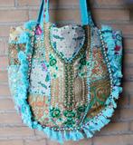 Boho hippie patchwork tas strandtas XL goudborduur turquoise, Ophalen of Verzenden, Nieuw, Blauw, Shopper
