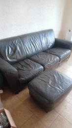 Mooi donkerbruin lederen bankstel, stoel en poef, Ophalen, Gebruikt, Driepersoons, Leer