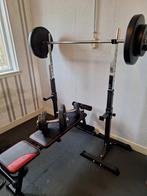 Homegym met squatrek, barbell, dumbells, bankje en 112kg, Sport en Fitness, Ophalen, Gebruikt, Metaal, Krachtstation