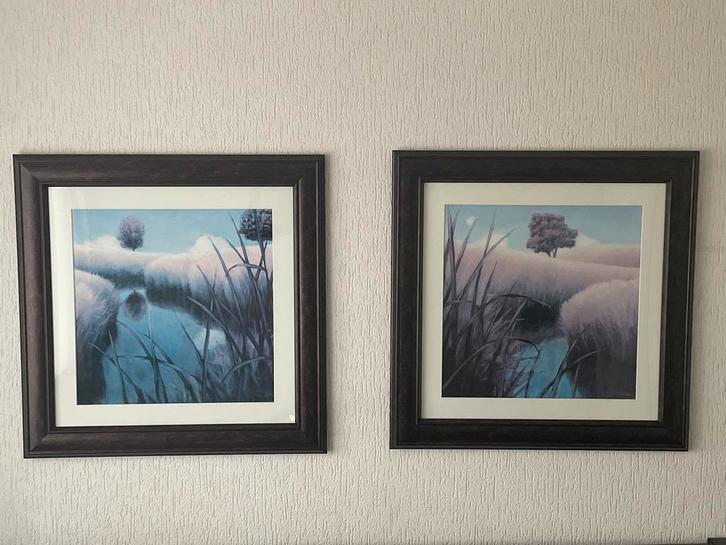 Twee ingelijste landschapsschilderijen, Antiek en Kunst, Kunst | Schilderijen | Klassiek, Ophalen