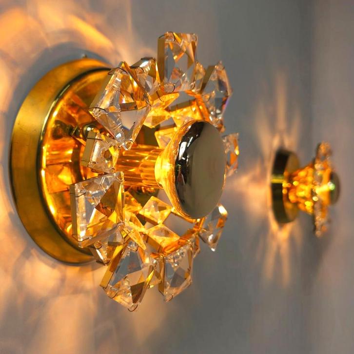 Palwa Wandlampen Kristal Verguld - Jaren 60, Huis en Inrichting, Lampen | Wandlampen, Zo goed als nieuw, Glas, Metaal, Ophalen of Verzenden