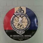 26788 Vintage Reclamebord Emaille “Heuer” Ø 0,76 m, Ophalen of Verzenden, Gebruikt, Reclamebord