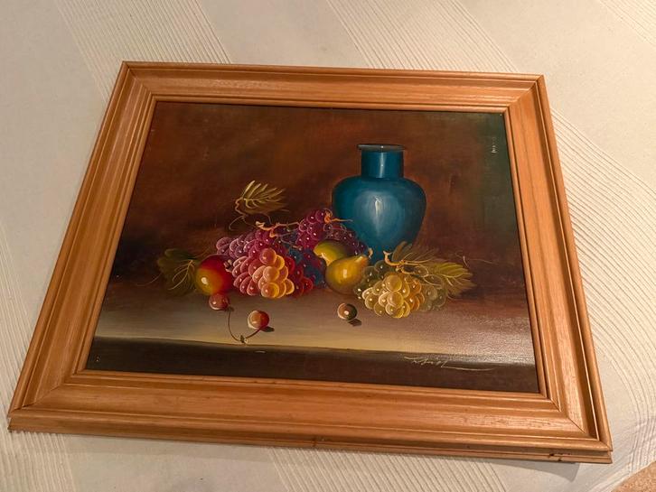 Stilleven met fruit in blauwe vaas, Antiek en Kunst, Kunst | Schilderijen | Klassiek, Ophalen of Verzenden
