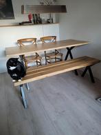Tafel + bankje massief eiken.  (Boomstam.), Huis en Inrichting, Tafels | Eettafels, Ophalen, Rechthoekig, 50 tot 100 cm