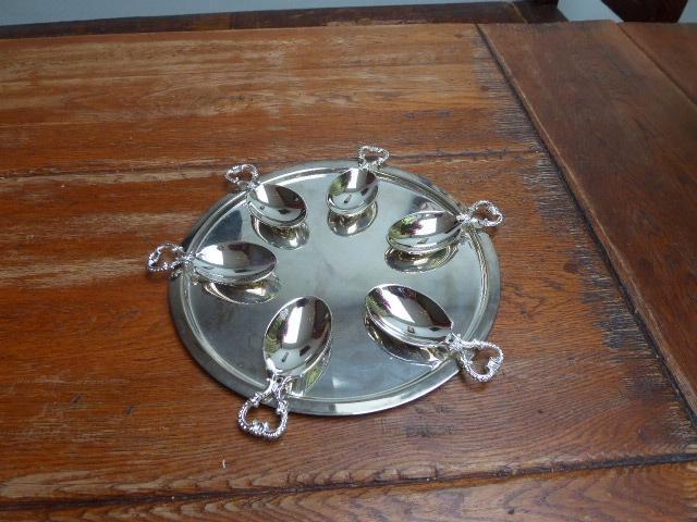 6 verzilverde amuselepels op schaal, Antiek en Kunst, Antiek | Woonaccessoires, Ophalen of Verzenden