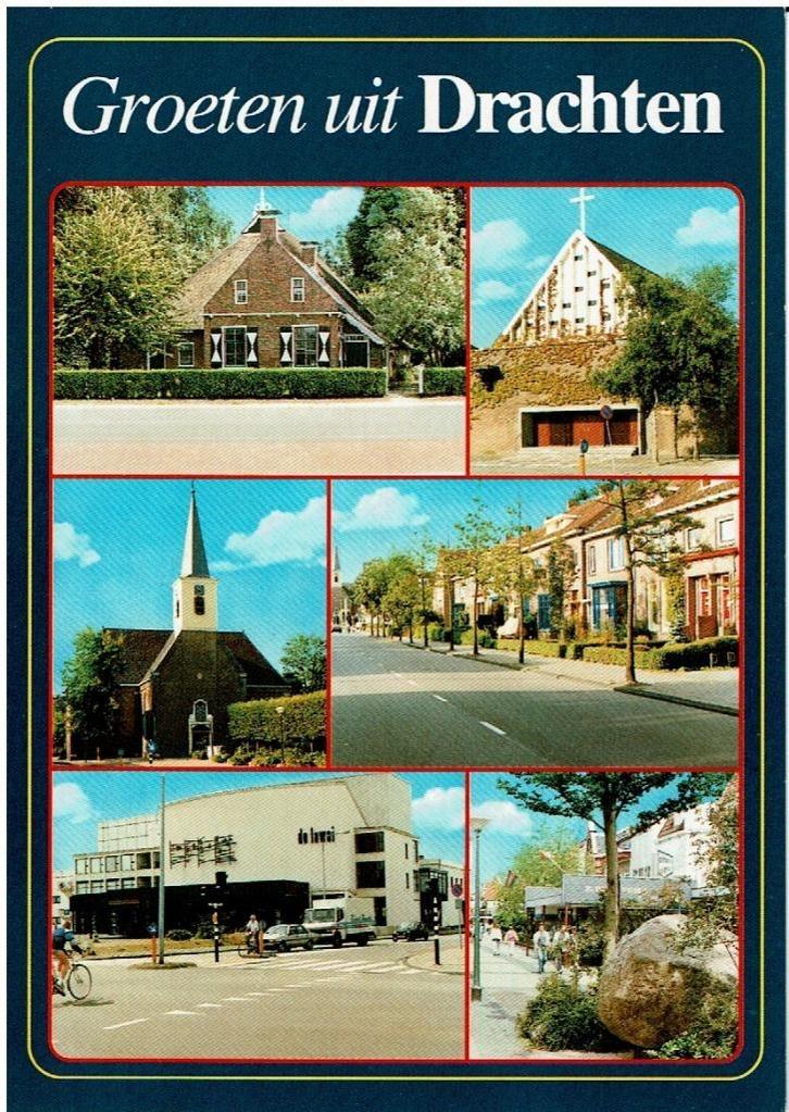 Ansichtkaart Drachten, kerk, straatje, boerderij, Verzamelen, Ansichtkaarten | Nederland, Ongelopen, Friesland, 1980 tot heden